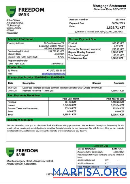 Realistic Kazakhstan Freedom Bank Kazakhstan mortgage statement Word and PDF template